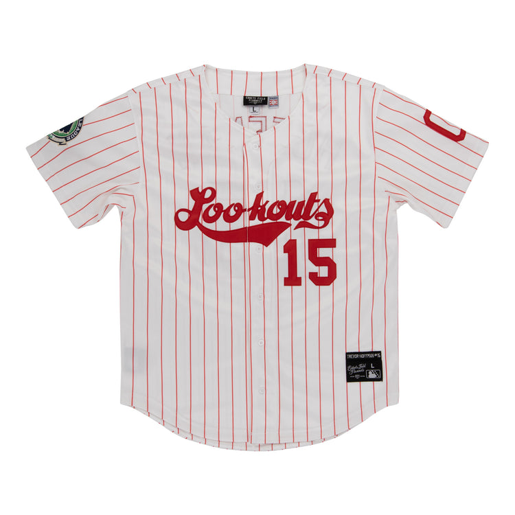 The Chattanooga Lookouts EFF MiLB Button Down Jersey by EFF features red pinstripes, Lookouts in red script, number 15 below, and sleeve patchesâa standout from the Vintage Minor League collection.