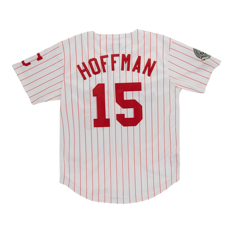 A white Chattanooga Lookouts EFF MiLB Button Down Jersey with red pinstripes, featuring HOFFMAN and number 15 in bold red on the back. Part of the Vintage Minor League collection with a patch on the left sleeve. Brand: EFF.