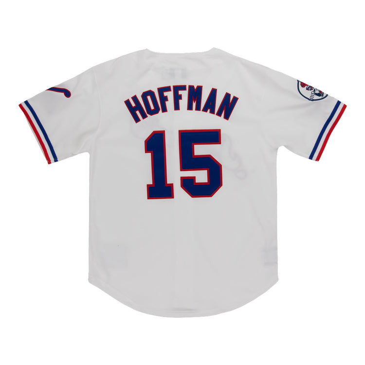 The EFF Nashville Sounds MiLB Button Down Jersey is a white jersey with blue and red trim, featuring HOFFMAN and number 15 on the back plus a right-sleeve patch. Part of the Ebbets Vintage Collection.