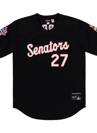 The EFF Harrisburg Senators MiLB Vintage V-Neck Baseball Jersey features red and white Senators script, number 27, commemorative sleeve patches, and a bottom hem tag—celebrating classic Eastern League style.