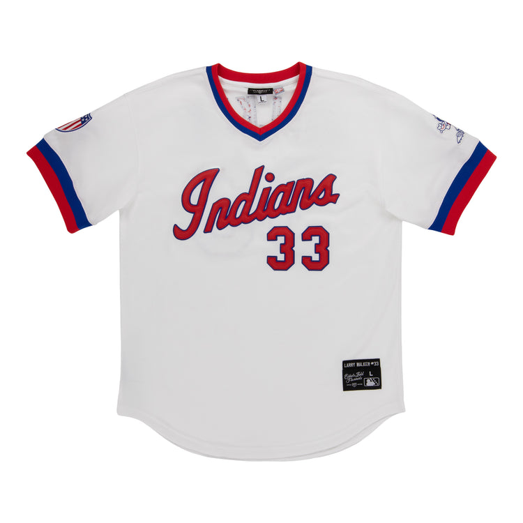 The EFF Indianapolis Indians Vintage V-Neck Jersey features Indians in red script, number 33, and tackle twill patches—ideal for any vintage Minor League collection and honoring Larry Walker.