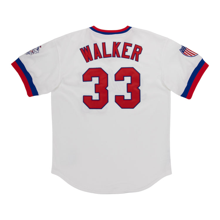 The EFF Indianapolis Indians Vintage V-Neck Baseball Jersey for Larry Walker features white with red/blue trim, WALKER and 33 in red on the back, plus tackle twill American flag and extra patch on the sleeves.