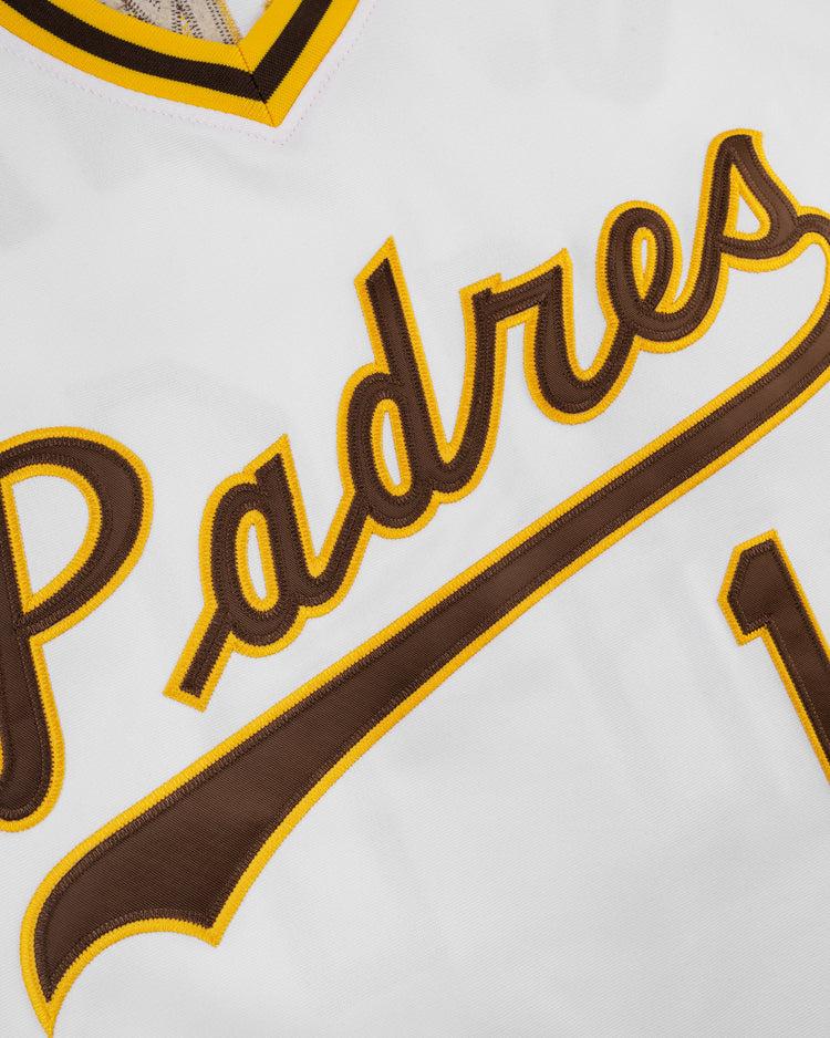 Close-up of the EFF Walla Walla Padres Mesh V-Neck Jersey, featuring Padres in brown and gold script across the front, honoring the San Diego Padres’ legacy.