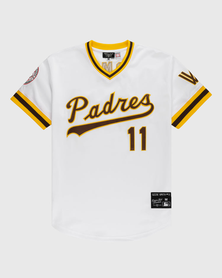 The EFF Walla Walla Padres Mesh V-Neck Jersey features a white design with yellow and brown trim, Padres script on the chest, number 11, and sleeve logo patches—reminiscent of Ozzie Smiths classic style.