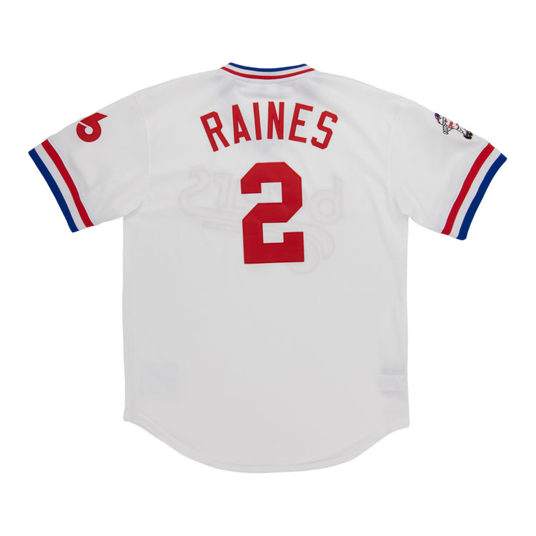 A white Denver Bears EFF MiLB Vintage V-Neck Baseball Jersey by EFF, featuring red and blue trim, RAINES and number 2 in red on the back, plus a right sleeve patch from the Lone Star Collection.
