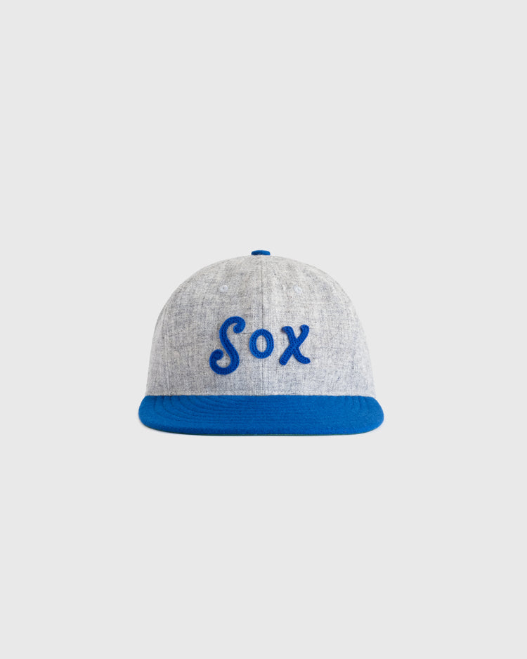 The EFF Montgomery Grey Sox 1916 Vintage Ballcap is a gray cap with a blue brim and Sox in blue on the front, inspired by the 1916 Negro Southern League team, shown against a plain white background.