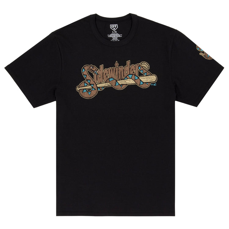 The Tucson Sidewinders EFF MiLB Vintage T-Shirt by Ebbets Field Flannels features a black design with a stylized rattlesnake graphic spelling out Sidewinder in tan, brown, and blue—perfect for vintage minor league fans.