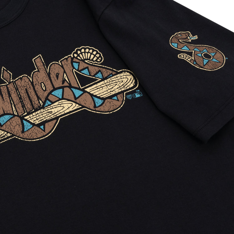 The Tucson Sidewinders EFF MiLB Vintage T-Shirt by Ebbets Field Flannels is a black tee featuring a stylized rattlesnake with blue and tan geometric patterns, Winders text, and a small snake graphic on the sleeve.