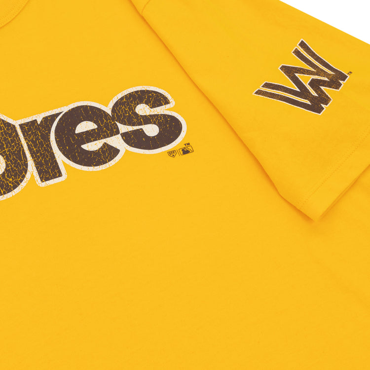 Close-up of the Ebbets Field Flannels Walla Walla Padres EFF MiLB Vintage T-Shirt in yellow premium cotton, showcasing a distressed Padres logo on the front and a bold W graphic on the sleeve, inspired by Minor League vintage style.