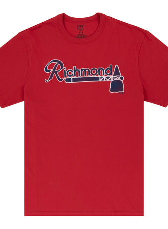 The Ebbets Field Flannels Richmond Braves EFF MiLB Vintage T-Shirt is a red tee with Richmond in script and a tomahawk design, inspired by vintage minor league style and honoring the historic Richmond Braves.