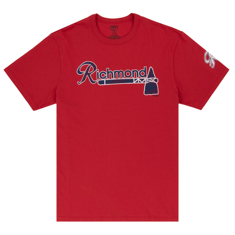 The Ebbets Field Flannels Richmond Braves EFF MiLB Vintage T-Shirt is a red tee with Richmond in script and a tomahawk design, inspired by vintage minor league style and honoring the historic Richmond Braves.