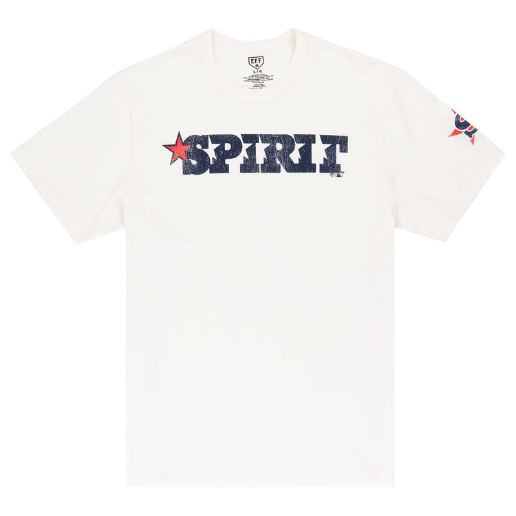 The Ebbets Field Flannels San Bernardino Spirit EFF MiLB Vintage T-Shirt is crafted from premium cotton and features bold distressed navy SPIRIT text with a red star over the I and a red/navy Spirit star logo on the right sleeve.