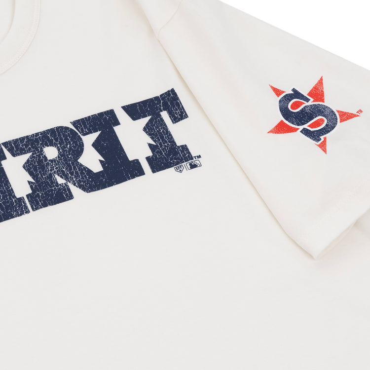 The Ebbets Field Flannels San Bernardino Spirit EFF MiLB Vintage T-Shirt is crafted from premium cotton, features SPIRIT in distressed navy letters, and a red star with a blue S on the sleeve—a nod to vintage Minor League style.
