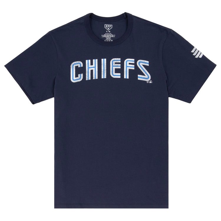 Show your team spirit with the Syracuse Chiefs EFF MiLB Vintage T-Shirt by Ebbets Field Flannels, featuring bold CHIEFS lettering and three white bars on the sleeve—a classic pick for vintage Minor League fans.