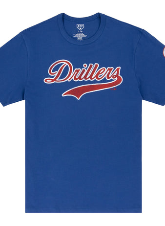 The Tulsa Drillers EFF MiLB Vintage T-Shirt by Ebbets Field Flannels is a blue short-sleeve tee with Drillers in red and white script on the chest, inspired by vintage minor league shirts, plus a small white logo inside the neck.