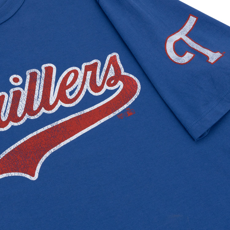 Tulsa Drillers EFF MiLB Vintage T-Shirt by Ebbets Field Flannels: blue tee with Drillers in white and red script across the chest, inspired by vintage Minor League style, plus a white and red D on the sleeve.