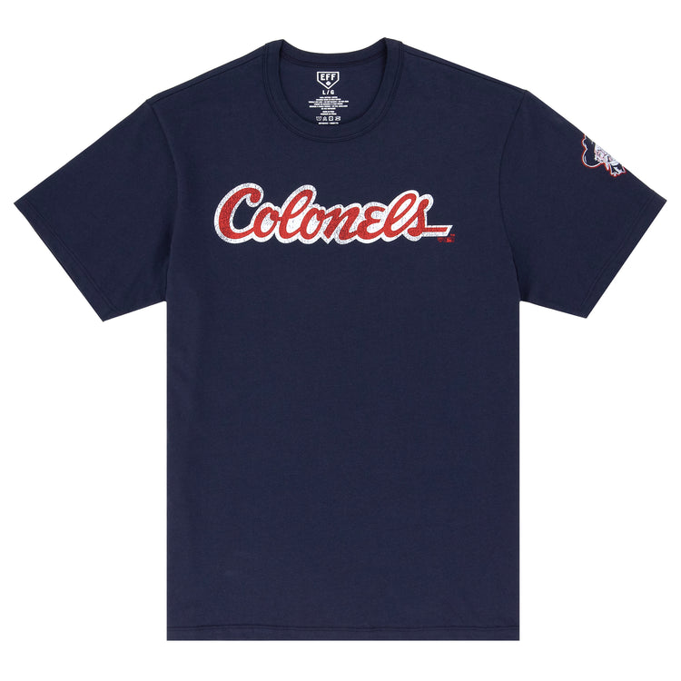 The Ebbets Field Flannels Louisville Colonels EFF MiLB Vintage T-Shirt is a premium navy cotton tee featuring Colonels in white and red script across the chest, vintage Minor League-inspired design, and a small graphic on the left sleeve.