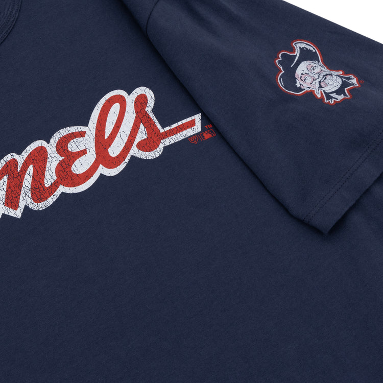 The Louisville Colonels EFF MiLB Vintage T-Shirt by Ebbets Field Flannels features Rebels in red and white script on navy blue premium cotton, a small pirate mascot logo on the sleeve, and classic minor league style.