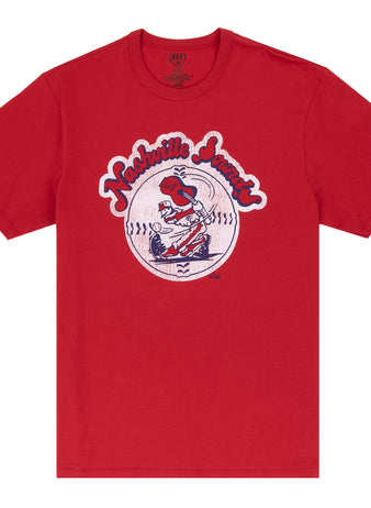 Show your support for the Nashville Sounds with this Ebbets Field Flannels EFF MiLB Vintage T-Shirt, featuring a retro cartoon baseball player swinging a bat in front of a record—ideal for vintage Minor League fans.