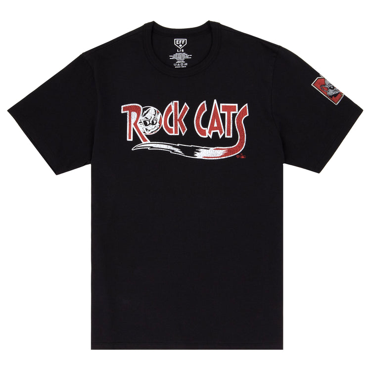 The New Britain Rock Cats EFF MiLB Vintage T-Shirt by Ebbets Field Flannels features bold red and white lettering, a cat head graphic, premium cotton, and a red-and-white patch on the left sleeve. Part of the Vintage Minor League collection.