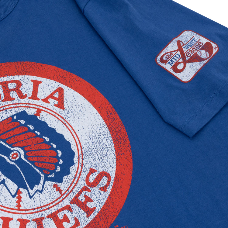 Support your team in the Peoria Chiefs EFF MiLB Vintage T-Shirt by Ebbets Field Flannels, featuring a red and white Chiefs logo and a Midwest League sleeve patch—perfect for fans of vintage Minor League baseball shirts.