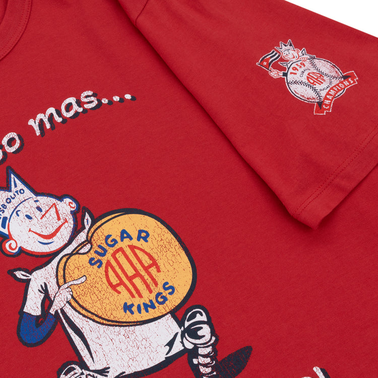 The Ebbets Field Flannels Havana Sugar Kings EFF MiLB Vintage T-Shirt is a premium red cotton tee with a vintage cartoon of a smiling character holding a yellow drum, inspired by Havana baseball history, with AAA Camiseta and sleeve crest details.