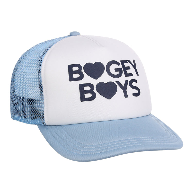 The Bogey Boys x EFF Trucker by EFF is a light blue and white snapback hat with “BOGEY BOYS” in bold black letters—O’s as hearts, plus mesh back styling. A perfect, stylish golf hat.