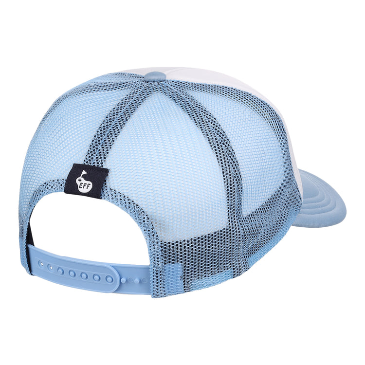 The EFF Bogey Boys x EFF Trucker hat is light blue and white with a mesh back, adjustable snapback, and a small black thumbs-up tag—ideal for golf.