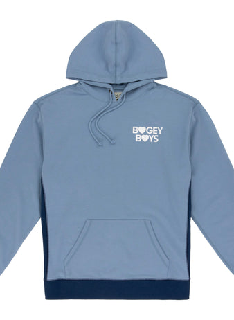 The EFF Bogey Boys x EFF French Terry Hoodie is a light blue fleece hoodie with a front pocket, navy trim, and “BOGEY BOYS” (heart instead of “O”) in white on the chest, blending comfort with golf-inspired style.