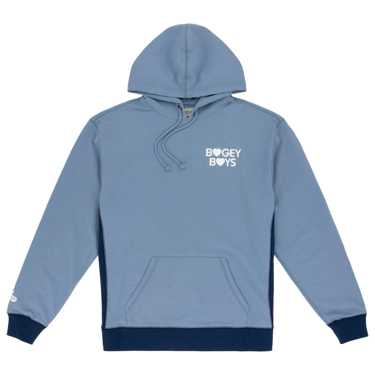 The EFF Bogey Boys x EFF French Terry Hoodie is a light blue fleece hoodie with a front pocket, navy trim, and “BOGEY BOYS” (heart instead of “O”) in white on the chest, blending comfort with golf-inspired style.