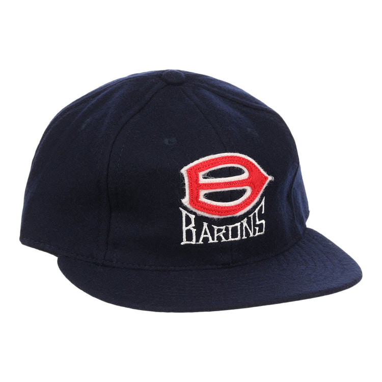 The EFF Birmingham Barons Letterhead Wool Vintage Ballcap is a navy cap with a red and white B logo and Barons embroidered on the front—perfect for any Birmingham Barons fan.