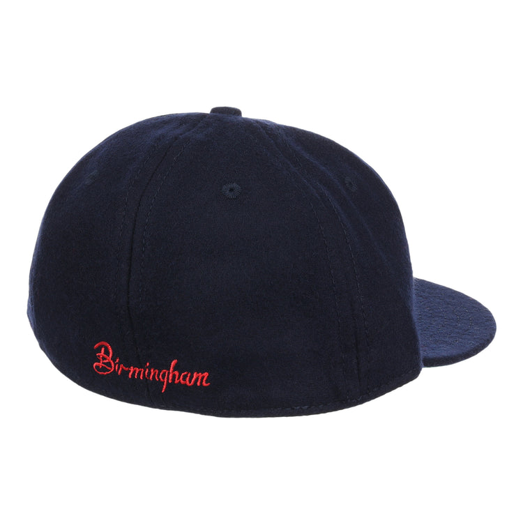 The Birmingham Barons Letterhead Wool Vintage Ballcap by EFF is a dark blue wool hat viewed from the back, featuring Birmingham embroidered in red script near the edge, evoking classic Birmingham Barons style.