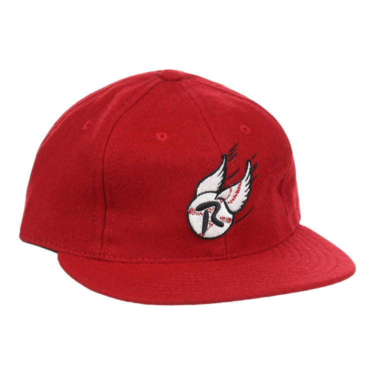 The Rochester Red Wings Letterhead Wool Vintage Ballcap by EFF features an embroidered white bird with outstretched wings over a baseball on the front, capturing classic minor league style.