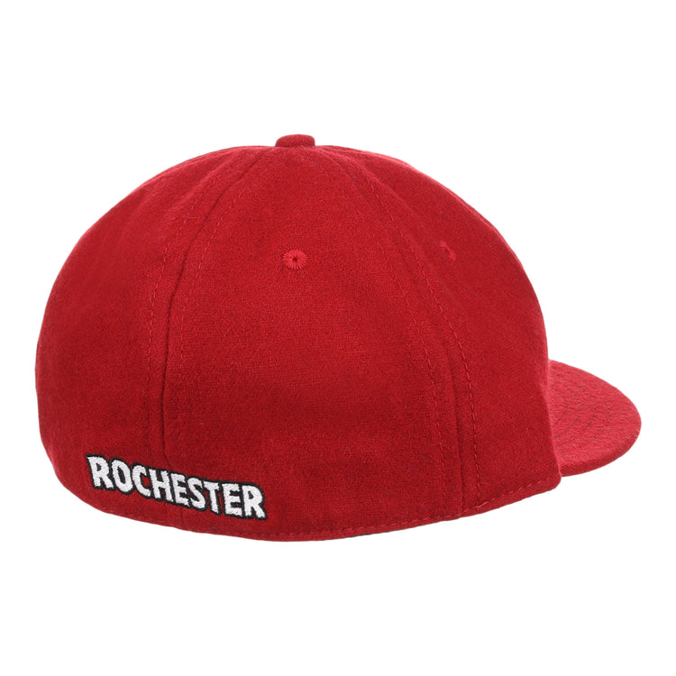 A red Rochester Red Wings Letterhead Wool Vintage Ballcap by EFF, viewed from the back with ROCHESTER embroidered in white on the lower edge, evoking a classic minor league baseball style.
