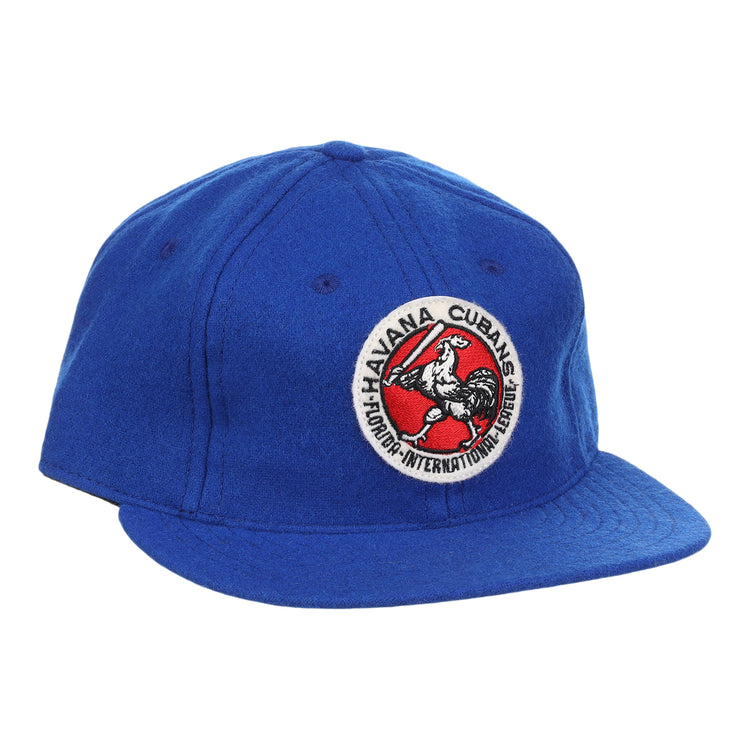 The Havana Cubans Letterhead Wool Vintage Ballcap by EFF is a royal blue cap featuring a round rooster patch with Havana Cubans and Honor-International League text—a classic Minor League baseball hat.