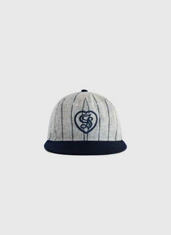 The EFF Sacramento Senators Authentic Wool Ballcap features gray and navy pinstripes, a navy visor, and a stylized S in a heart on the front, displayed against a plain white background.
