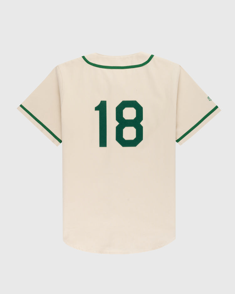 The Ebbets Field Hawaii Islanders (PCL) Cotton Twill Baseball Jersey features cream cotton twill, green sleeve and collar trim, and a green number 18 on the back, inspired by the classic Hawaii Islanders jersey. Plain white background.