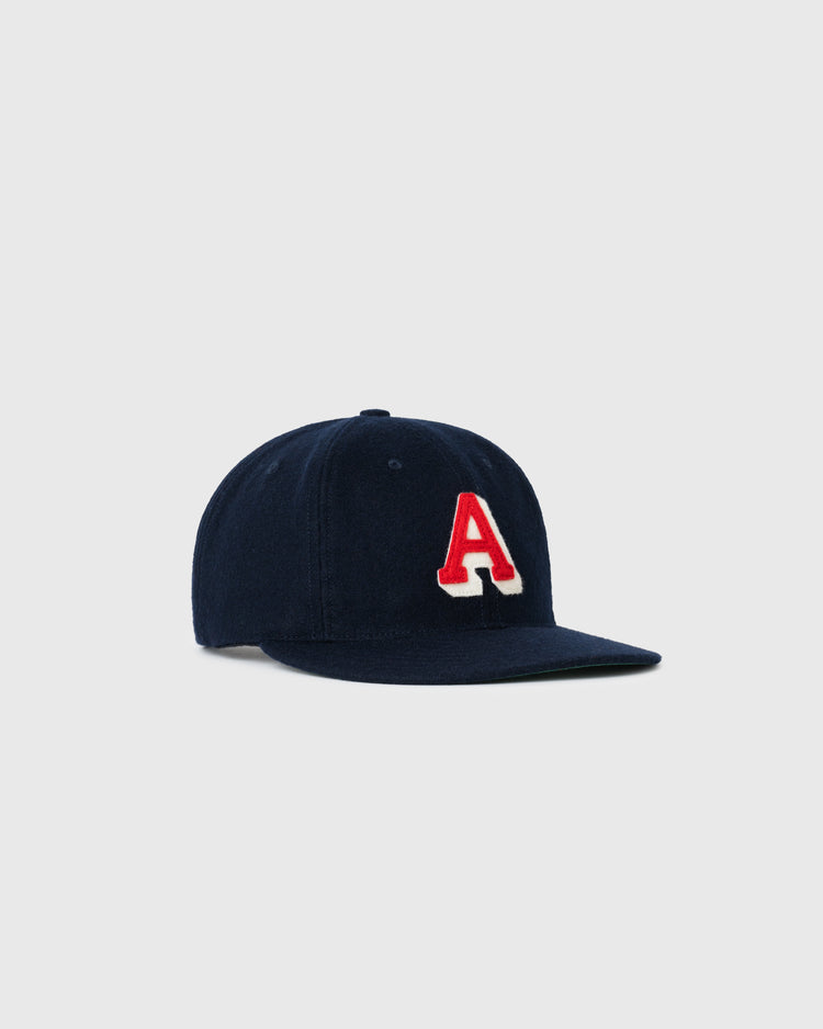 The EFF Atlanta Crackers 1939 Authentic Wool Ballcap features navy blue wool with a red and white letter A, inspired by the classic vintage design, shown on a plain light gray background.