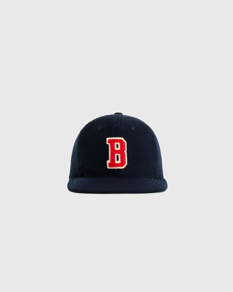 The EFF Birmingham Barons 1932 Authentic Wool Ballcap features a navy design with a bold red B outlined in white on the front, shown against a light gray background—ideal for vintage baseball hat fans.
