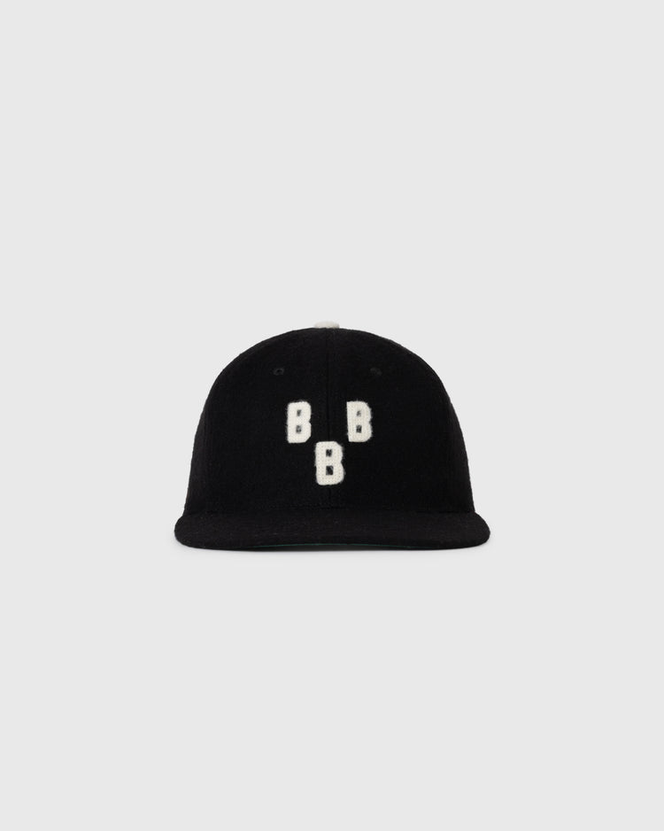 The EFF Birmingham Black Barons 1948 Authentic Wool Ballcap features three white, raised embroidered Bs on black wool, shown against a light gray background—a tribute to the Negro Leagues Baseball Museum legacy.