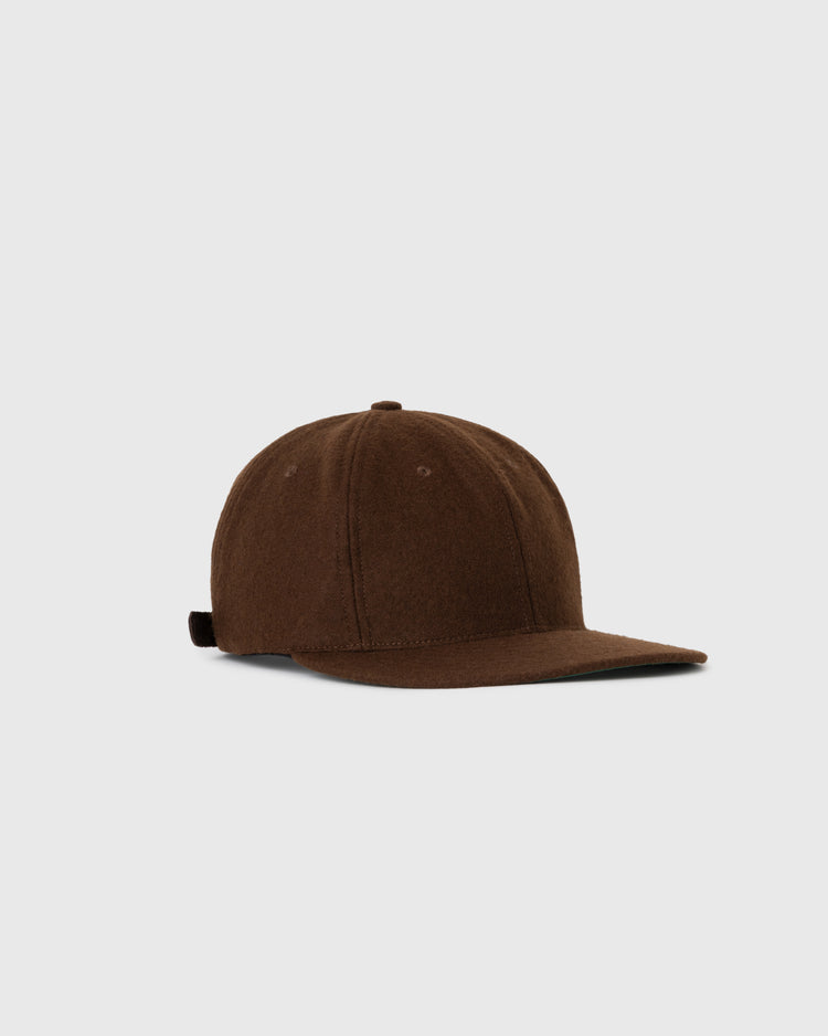 The EFF Brown Wool Ballcap is crafted from soft genuine wool broadcloth and features a curved brim with a top button. Shown against a plain light gray background.