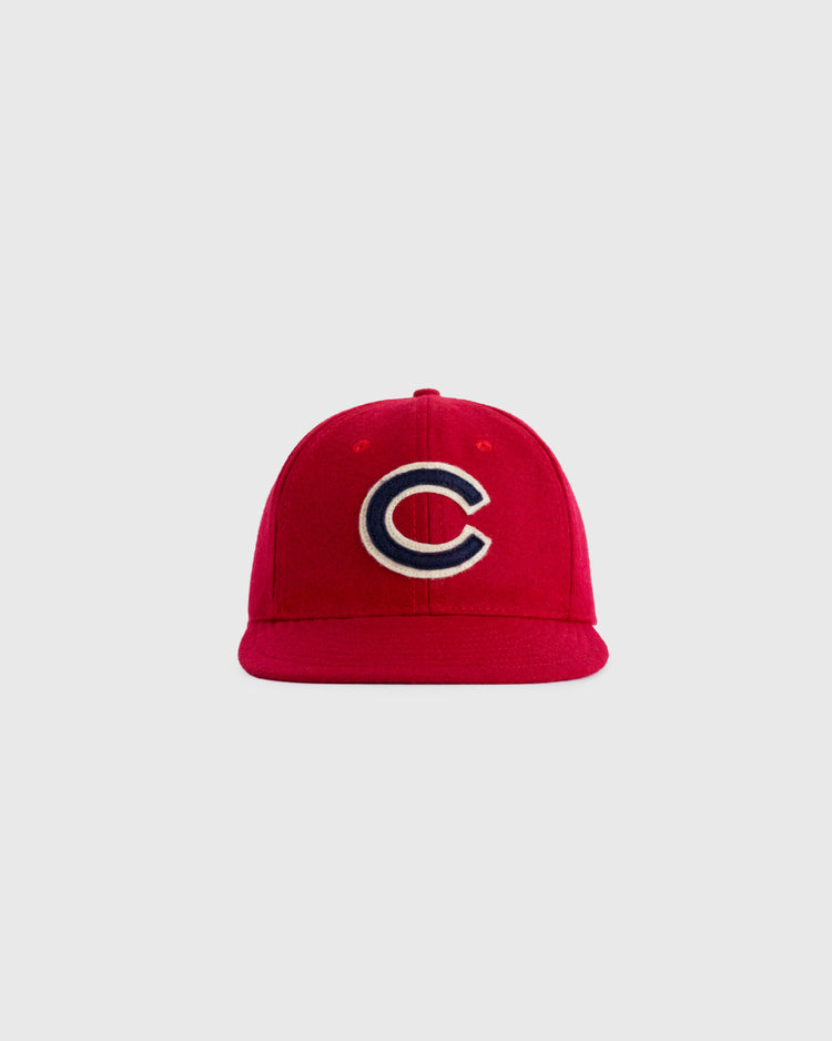 The EFF Chattanooga Lookouts 1939 Authentic Wool Ballcap features a red design with a white-outlined navy blue C logo, capturing the classic style of the historic team, shown on a plain light gray background.