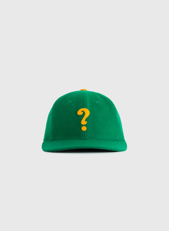 The EFF Clearing Question Marks 1941 Authentic Wool Ballcap is shown in green wool with a yellow question mark embroidered on the front, set against a light gray background—a faithful reproduction of the 1941 classic.