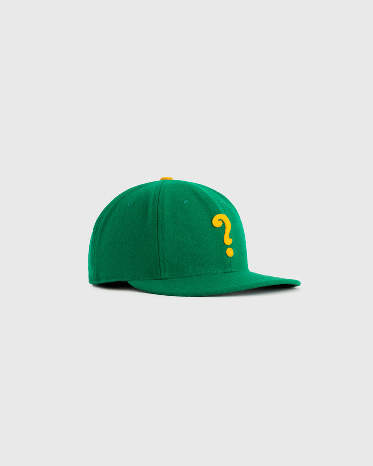 The EFF Clearing Question Marks 1941 Authentic Wool Ballcap is a green cap with a yellow question mark on the front, shown on a plain light gray background. Inspired by the iconic 1941 design, it offers an authentic reproduction for fans.