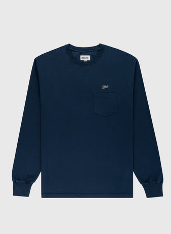 The Ebbets Field Flannels Ebbets Chest Logo Long Sleeve Pocket Tee is a navy blue cotton shirt with a left chest pocket and small logo, shown flat on a light gray background—a classic wardrobe staple.
