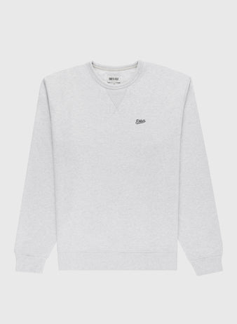 The Ebbets Chest Logo Heavyweight Cotton Terry Crewneck by Ebbets Field Flannels is a light grey oversized sweatshirt with long sleeves, ribbed cuffs and hem, and a small embroidered logo on the left chest. Set against a plain white background.