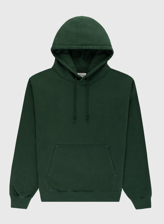 The Ebbets Field Flannels Ebbets Chest Logo Heavyweight Cotton Terry Pullover Hoodie is a plain dark green modern hoodie with a front pocket and drawstrings, shown on a light gray background.