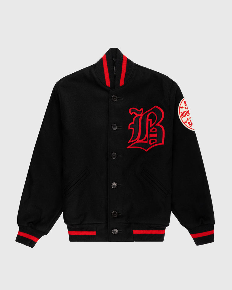 The EFF Birmingham Black Barons 1940 Authentic All Wool Varsity Jacket features a large red B on the chest, “BIRD” sleeve patch, and red/black striped trim, honoring the classic Negro Leagues team.