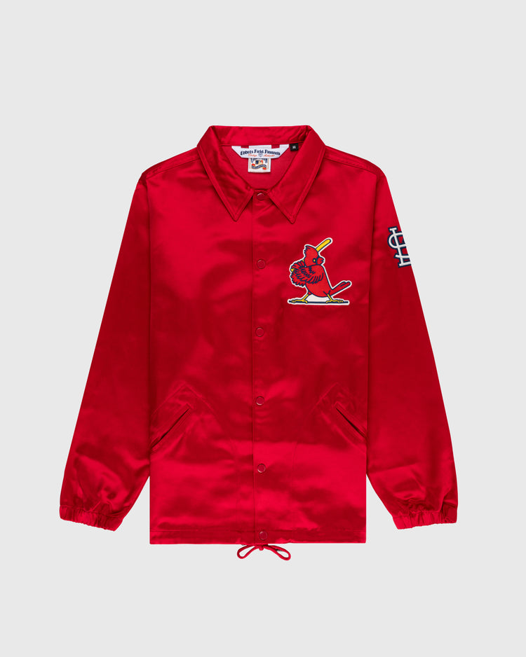 The EFF St. Louis Cardinals 1970 Satin Windbreaker Jacket is a bright red vintage MLB outerwear piece with a collar, elastic cuffs, drawstring hem, Cardinals logo on the chest, and interlocking STL logo on the sleeve.
