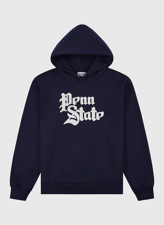 The Ebbets Field Penn State University Heavyweight Cotton Terry Pullover Hoodie features a navy design, front pocket, hood, and bold white Old English Penn State across the chest—a must-have for true fans.